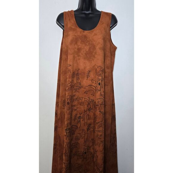Vintage Mary Dee Fun To Wear Dress Size 1 Maxi Drawings Brown Sleeveless Boho - Picture 2 of 8